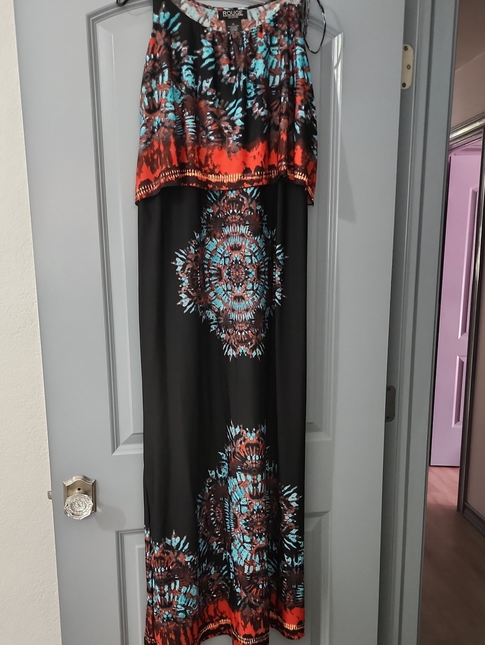 Rouge! Black Maxi Dress with Turquoise & Rust Medallion Pattern